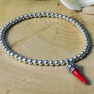 Sterling Silver Beaded Bracelet with Red Horn